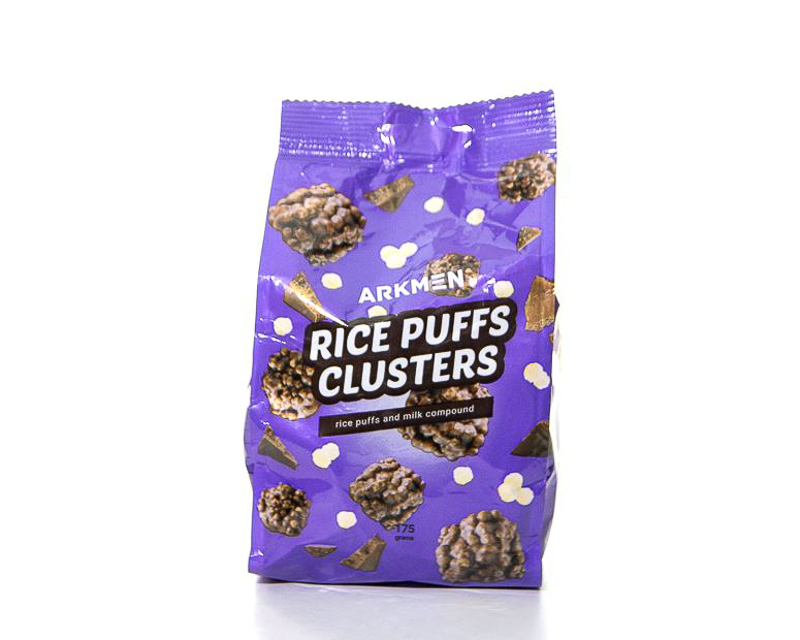 Rice puffs clusters with milk cocoa compound