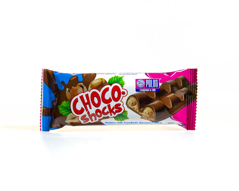 Wafers moulded glazed “Choco-Shocks” with hazelnuts