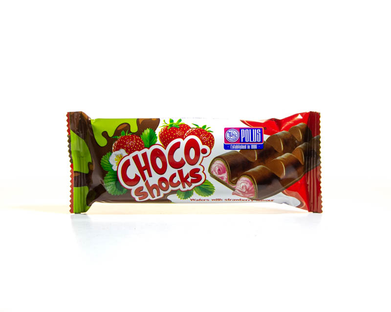 Wafers moulded glazed “Choco-Shocks” with strawberry flavour
